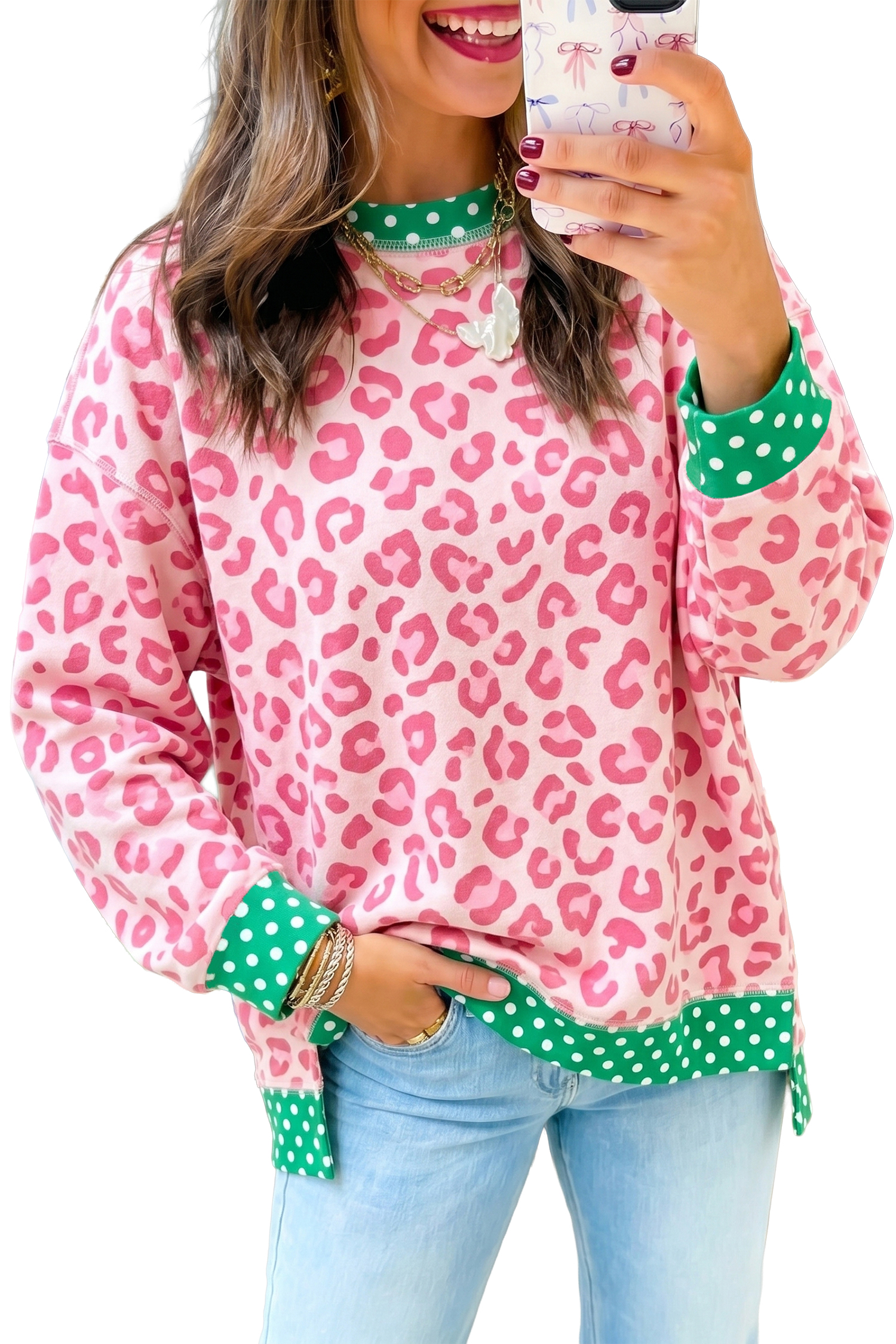 Women's Pink Leopard Long Sleeve Top, Casual Fall Crewneck - Main View