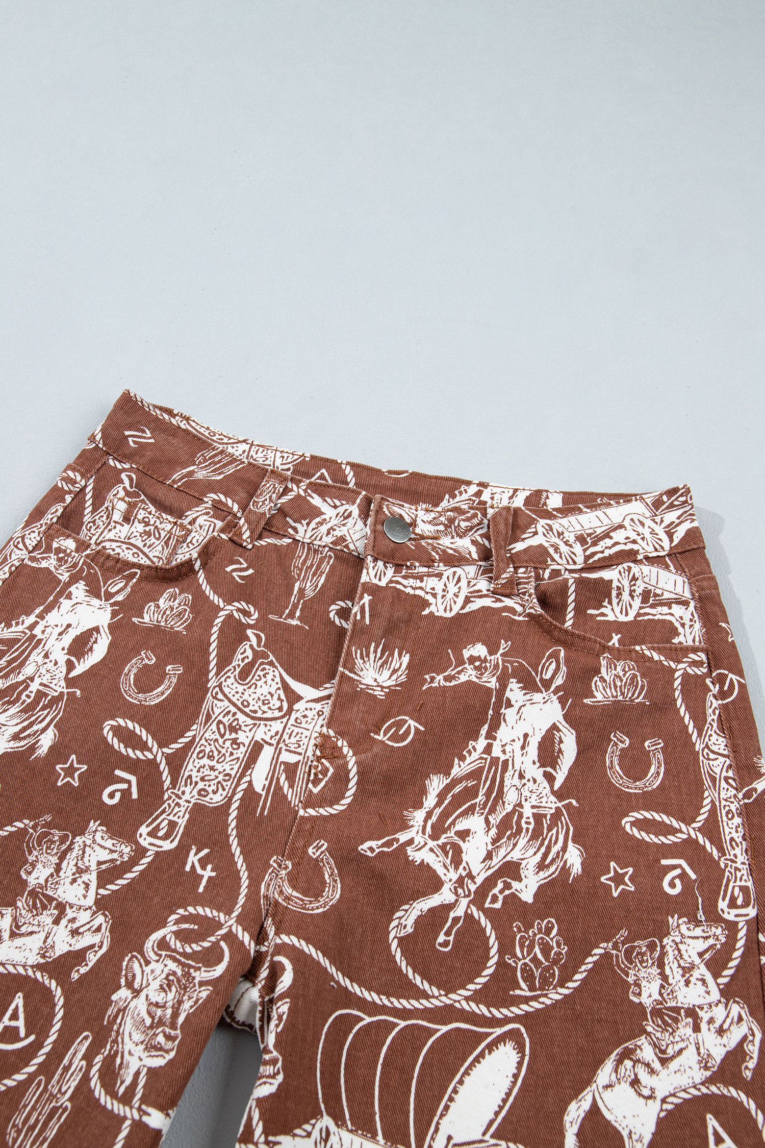 Brown Denim Western Pants, Trendy High Waist Casual Jeans - Detail View 3