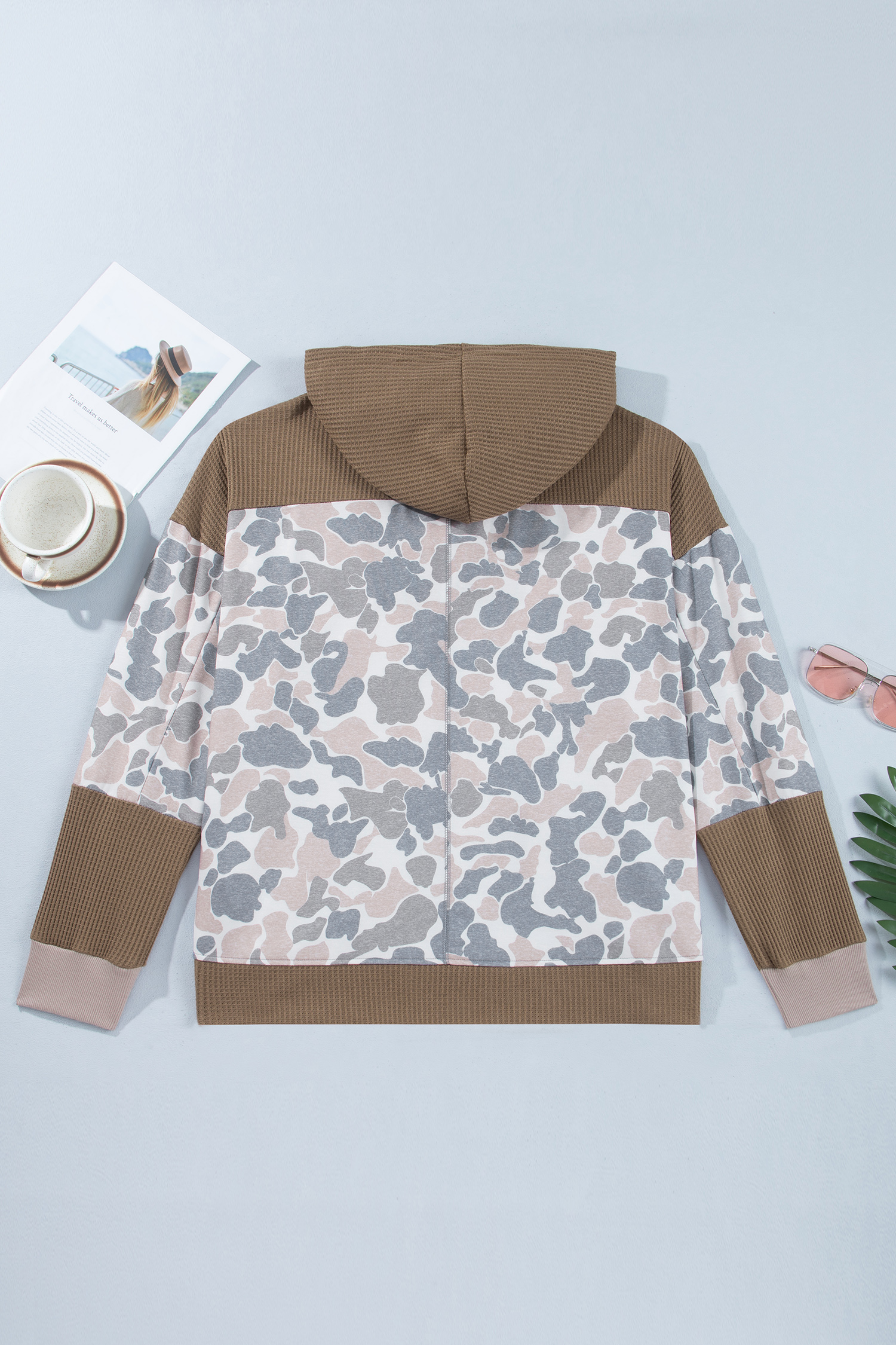 Women's Waffle Knit Hoodie, Camo Patchwork Top - Detail View 3