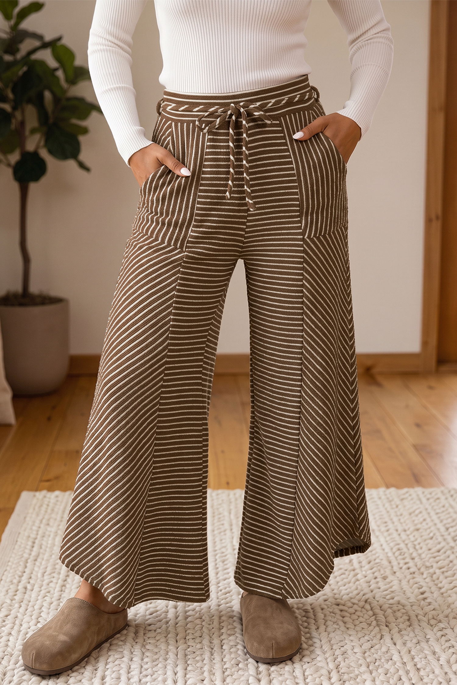 Striped Patchwork Women's Wide Leg Pants, Trendy Daily Style - Detail View 5