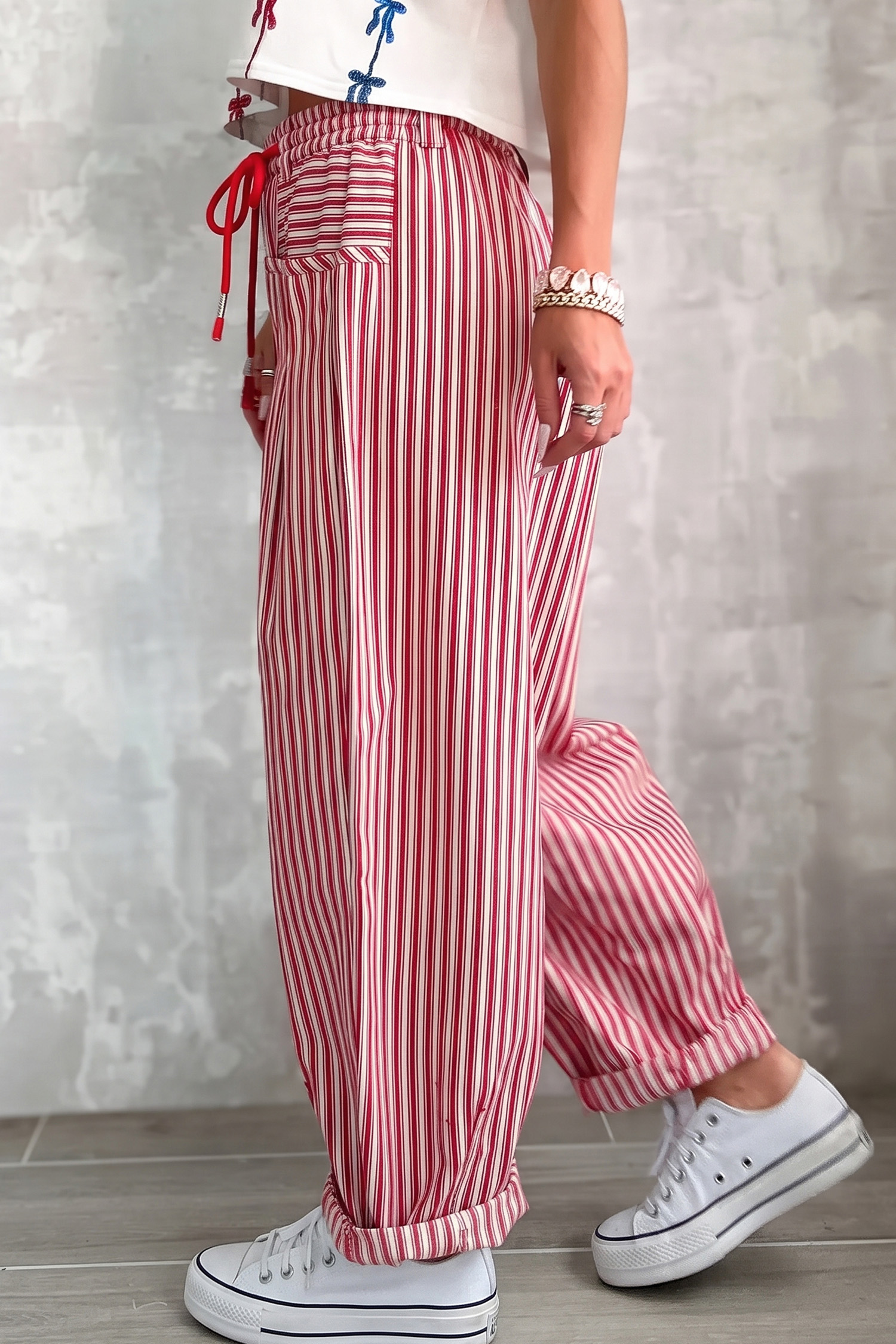 High Waisted Striped Pants, Comfortable Cotton Daily Bottoms - Detail View 2