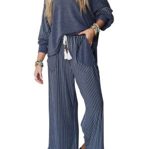 Women's Casual Striped 2pc Set, Teal Long Sleeve Lounge - Main View