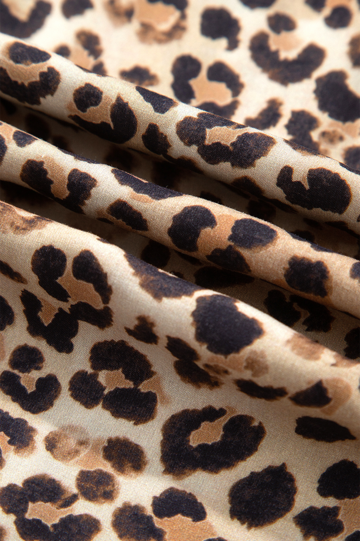 Women's Long Sleeve Dress, Flowy Brown Leopard Midi Outfit - Detail View 6