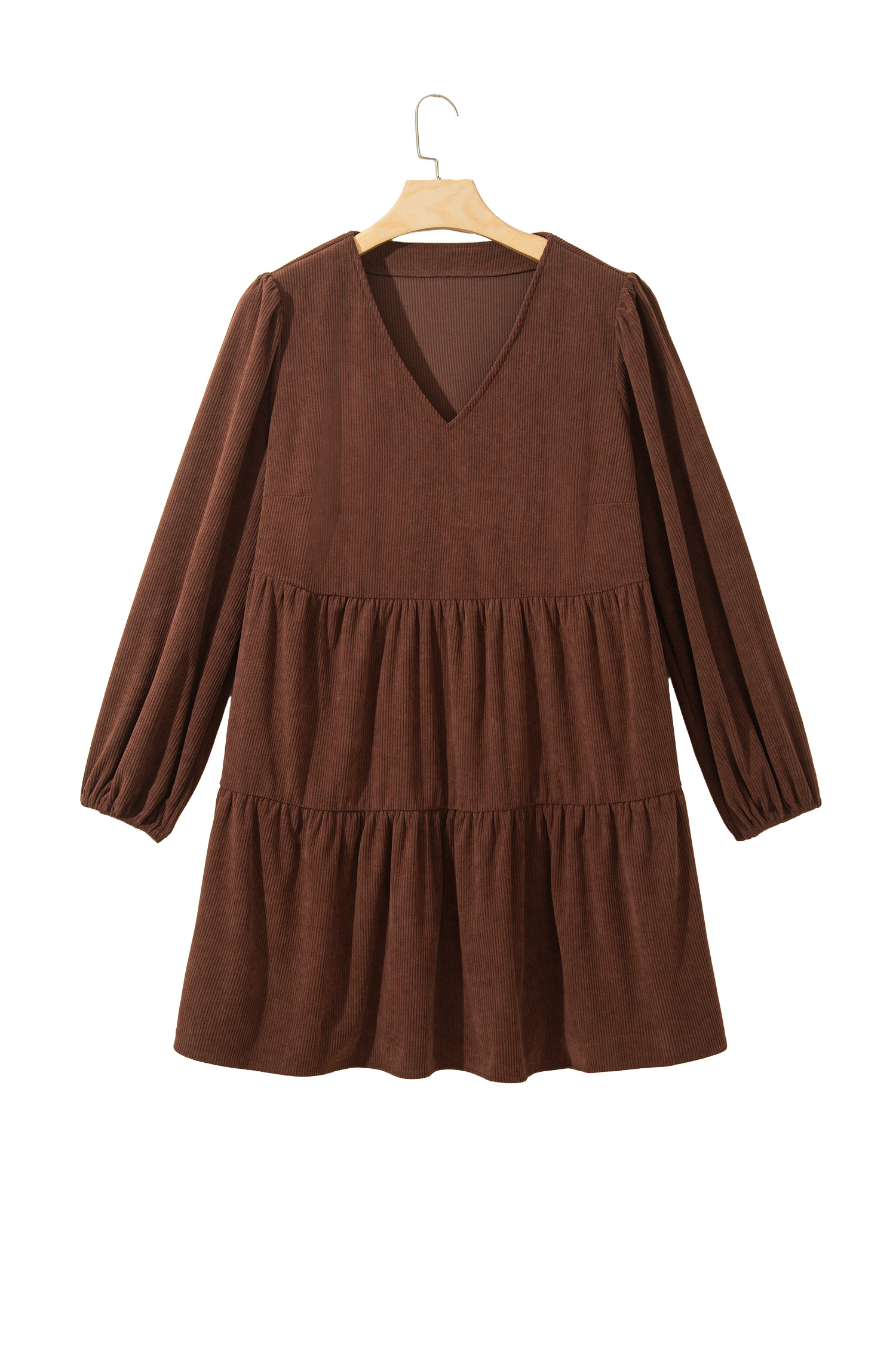 Women's Corduroy Mini Dress, Coffee V Neck Long Sleeve - Detail View 4