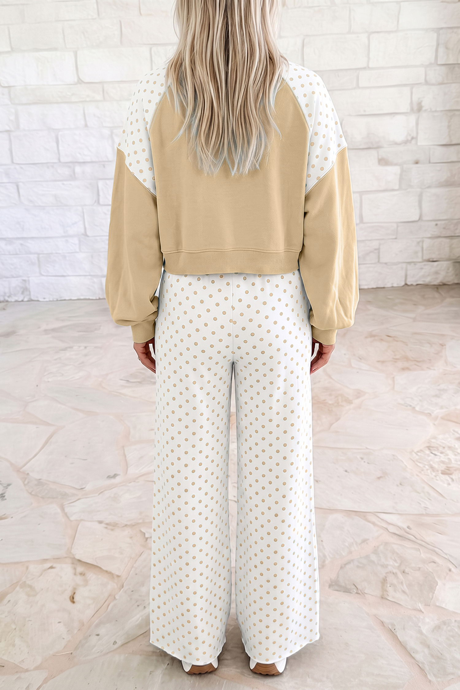 Casual Khaki Two Piece Set, Wide Leg Pants And Long Sleeve - Detail View 2