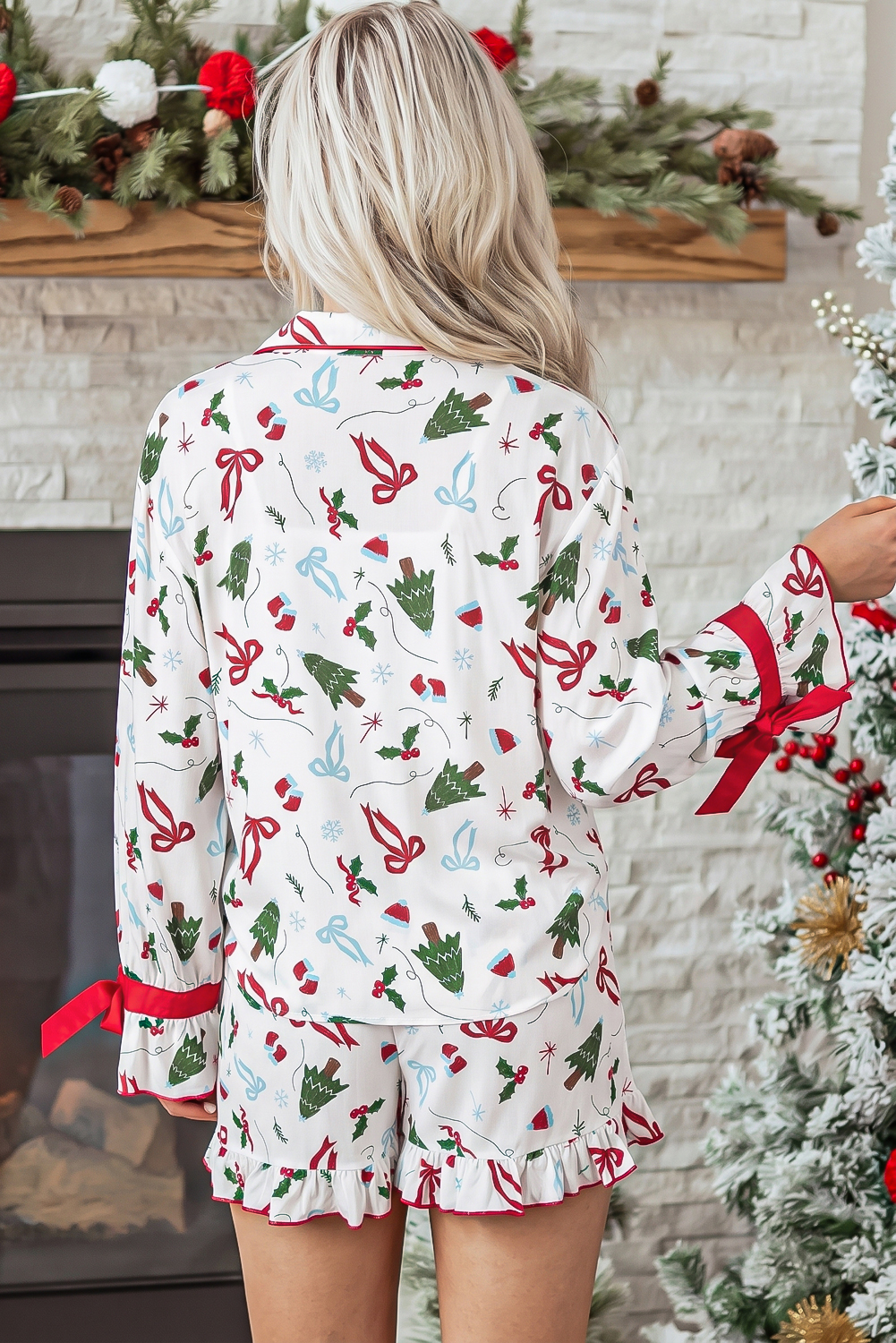 Holiday Ruffle Short Pajamas, Women's Soft Viscose Sleepwear - Detail View 5