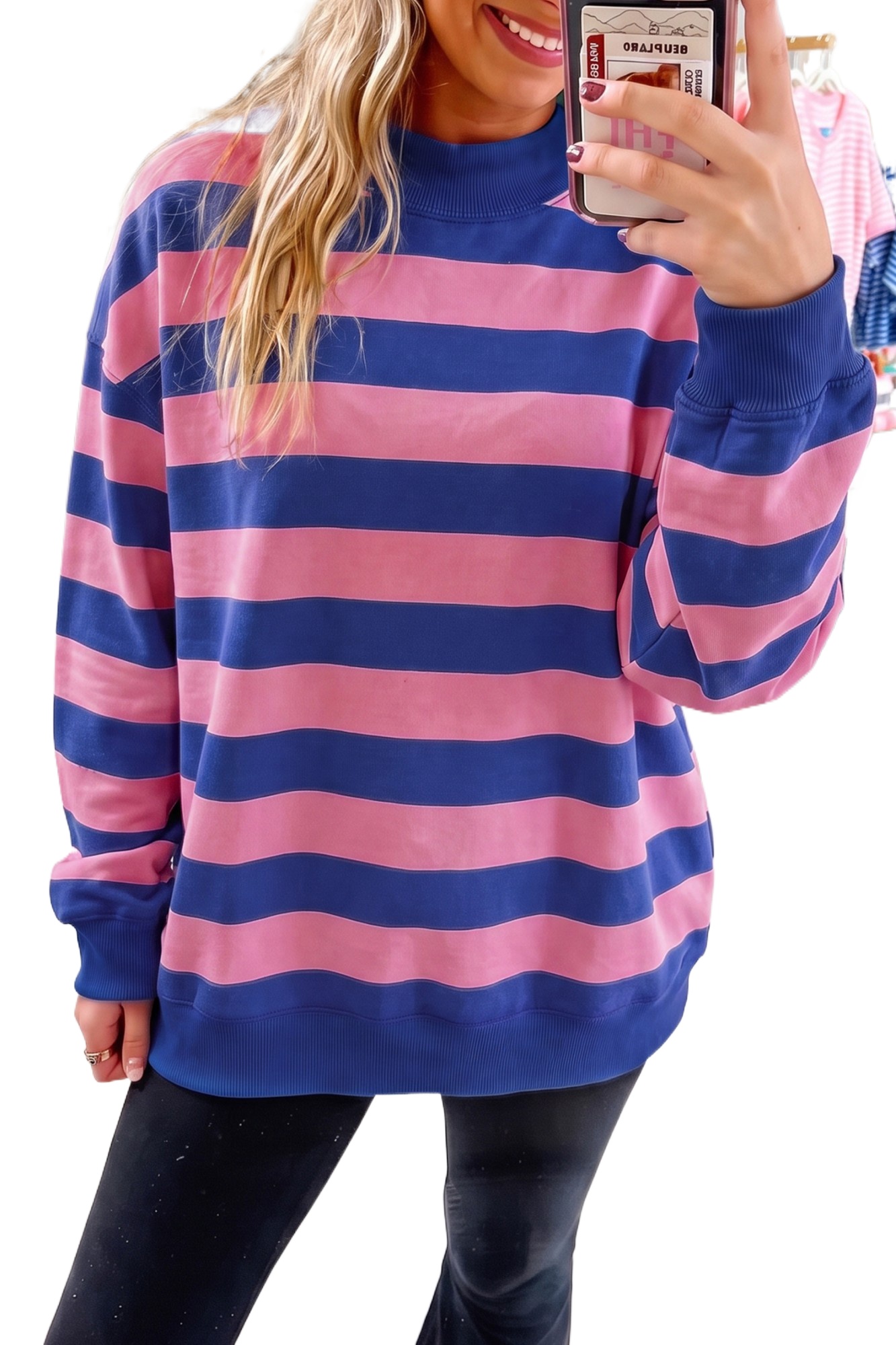 Women's Striped Sweatshirt, Casual Mock Neck Pullover - Main View