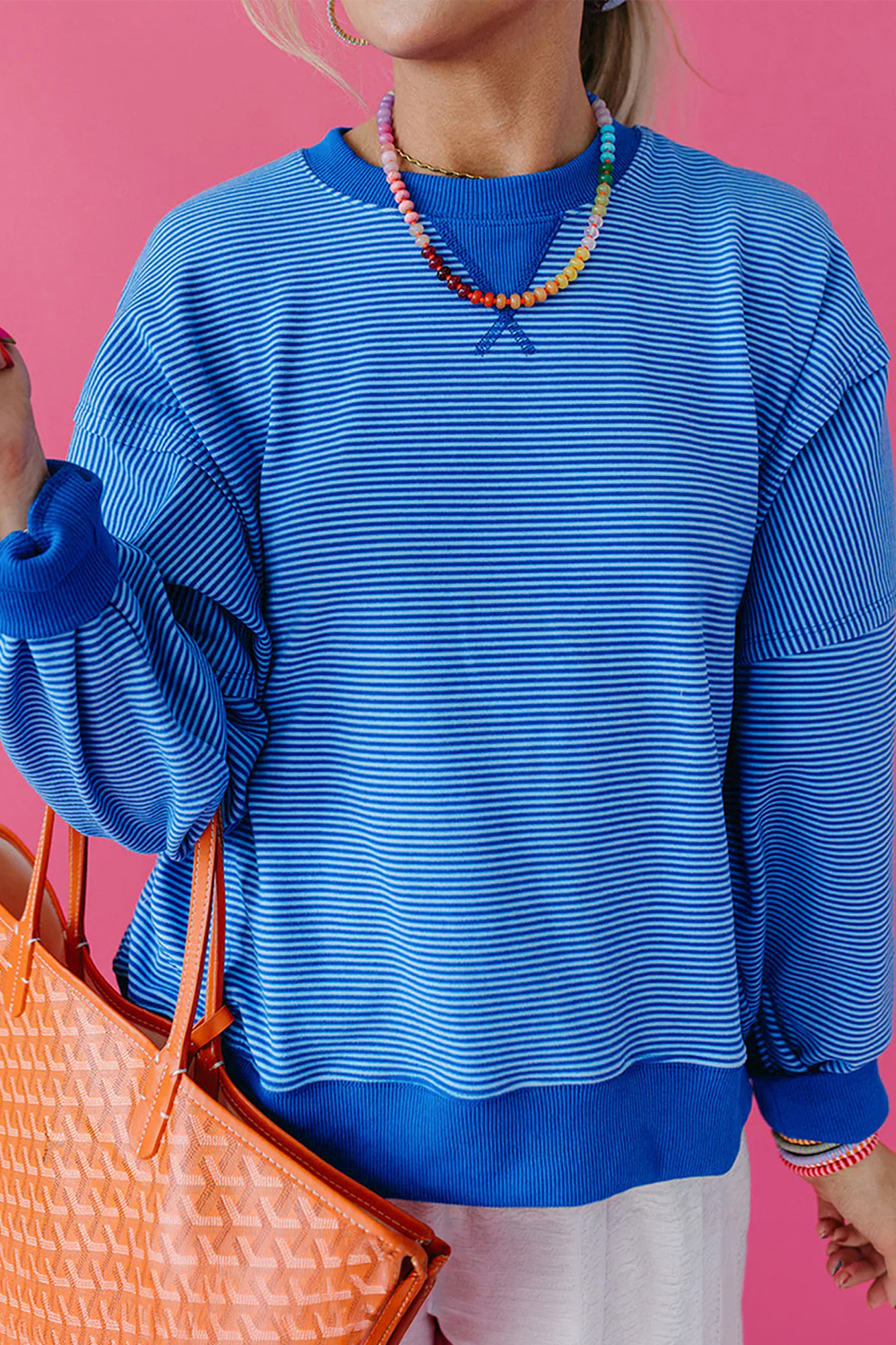 Women's Blue Striped Pullover, Casual Long Sleeve Crew Neck - Detail View 7