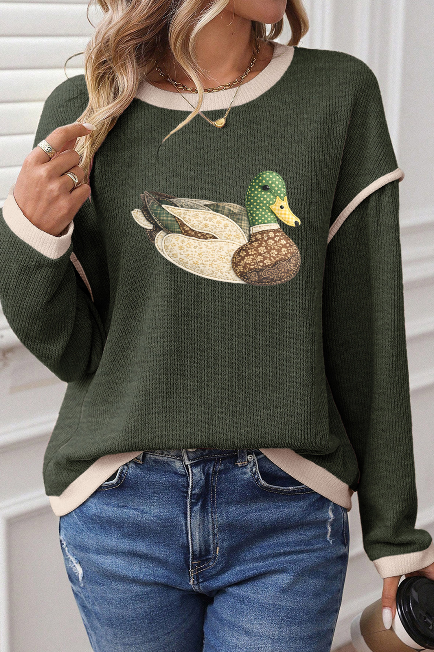 Soft Long Sleeve Knit Top, Contrast Trim Women Western Top - Detail View 6