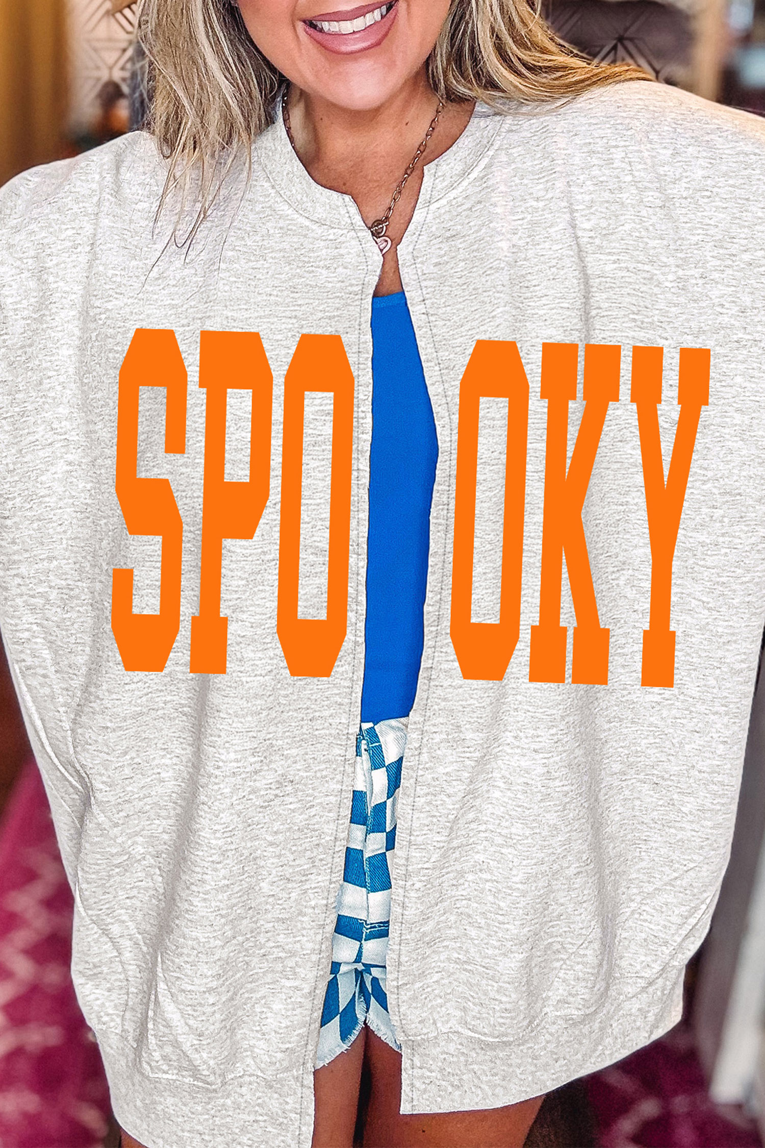 Women's Halloween Graphic Cardigan, Spooky Letter Print - Detail View 5
