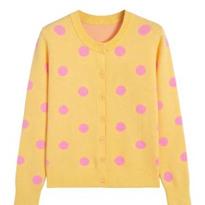 Women's Polka Dot Cardigan, Yellow Cream Button Front Sweater - Main View