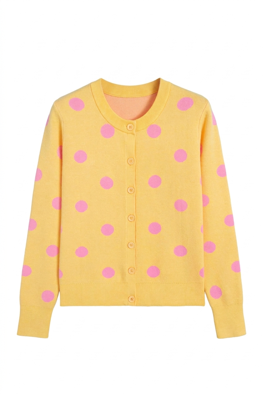 Women's Polka Dot Cardigan, Yellow Cream Button Front Sweater - Main View