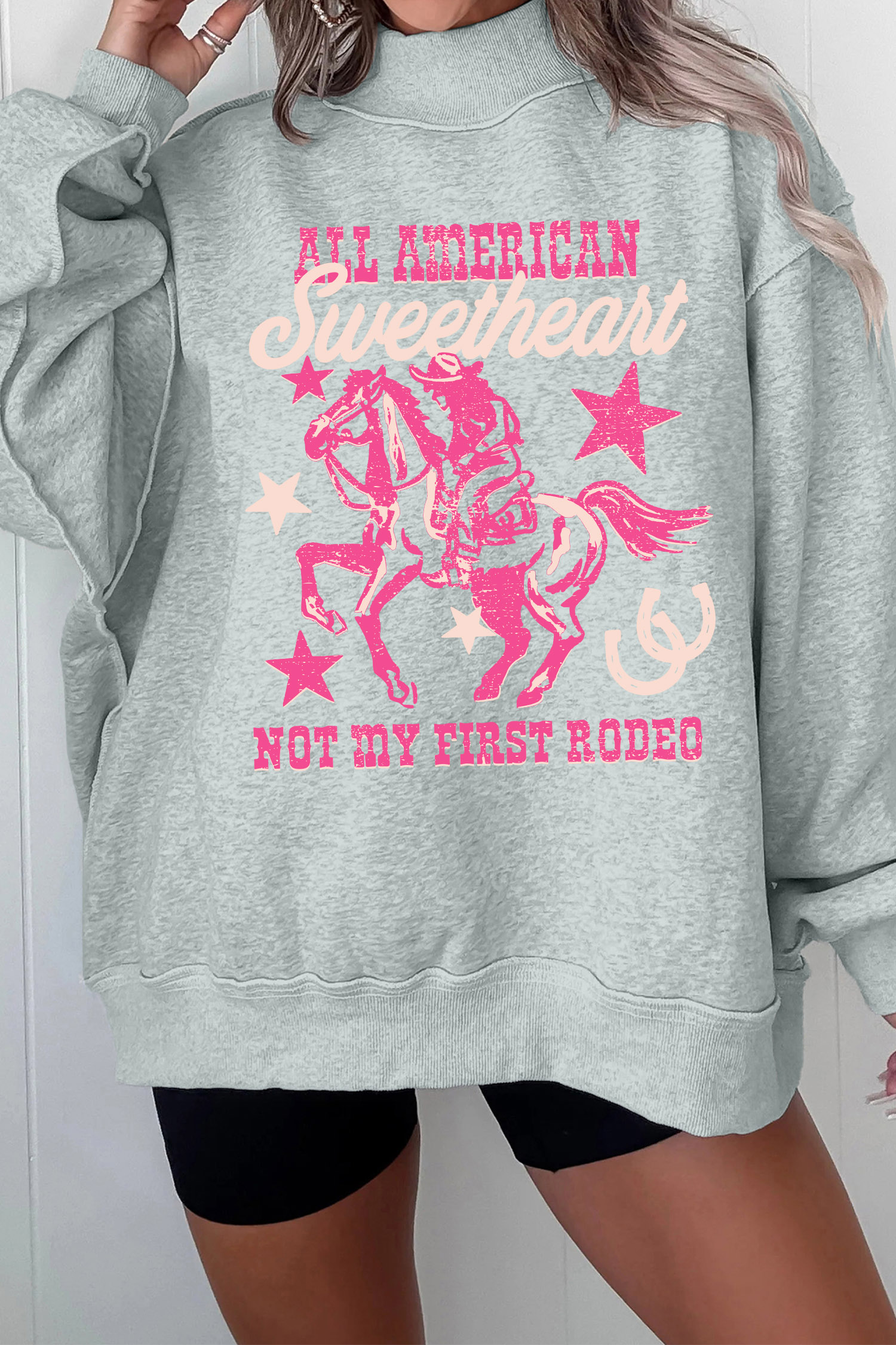 Women's Rodeo Print Sweatshirt, Western Gray Mock Neck - Detail View 8