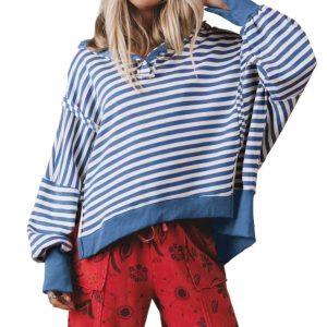 Striped Collar Pullover Sweatshirt, Casual Women's Top - Main View