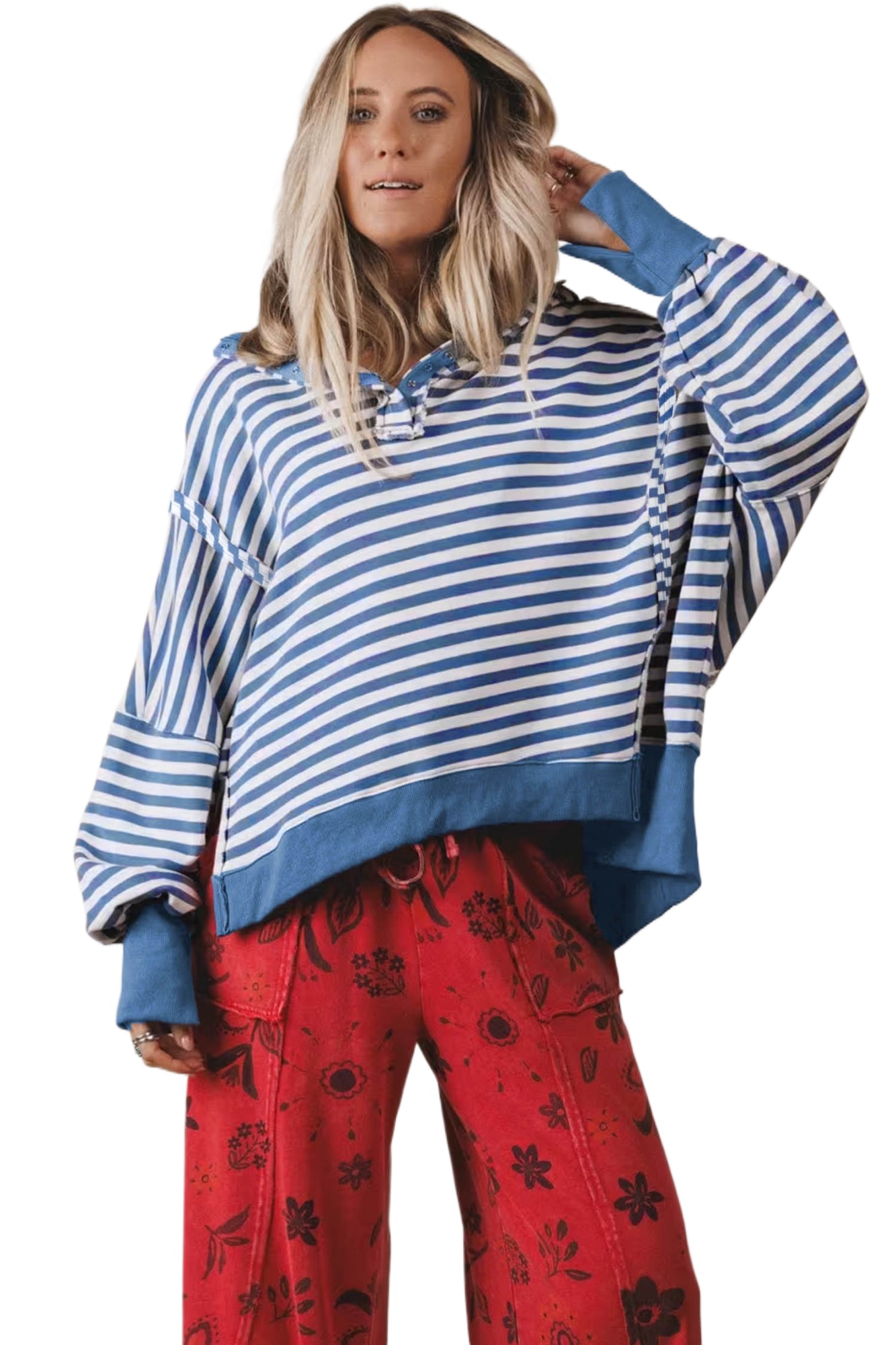 Striped Collar Pullover Sweatshirt, Casual Women's Top - Main View