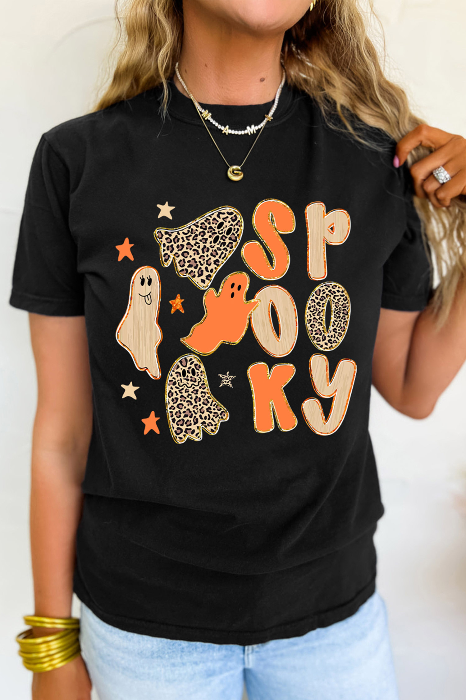 Cotton Blend Soft T Shirt, Halloween Ghost Cozy Women Tee - Detail View 3