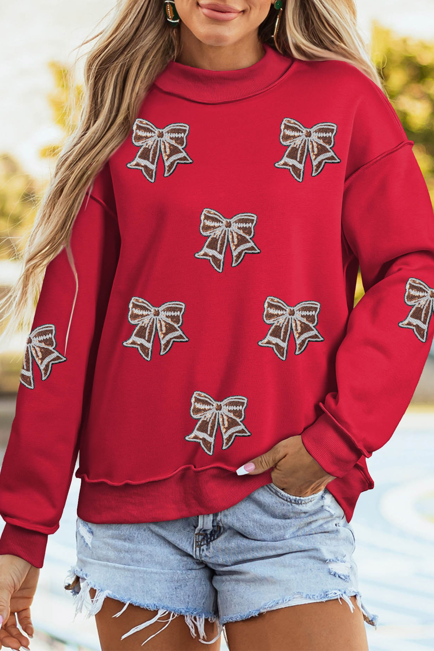 Cozy Cotton Blend Women's Sweatshirt, Sequin Bow Mock Neck - Detail View 3