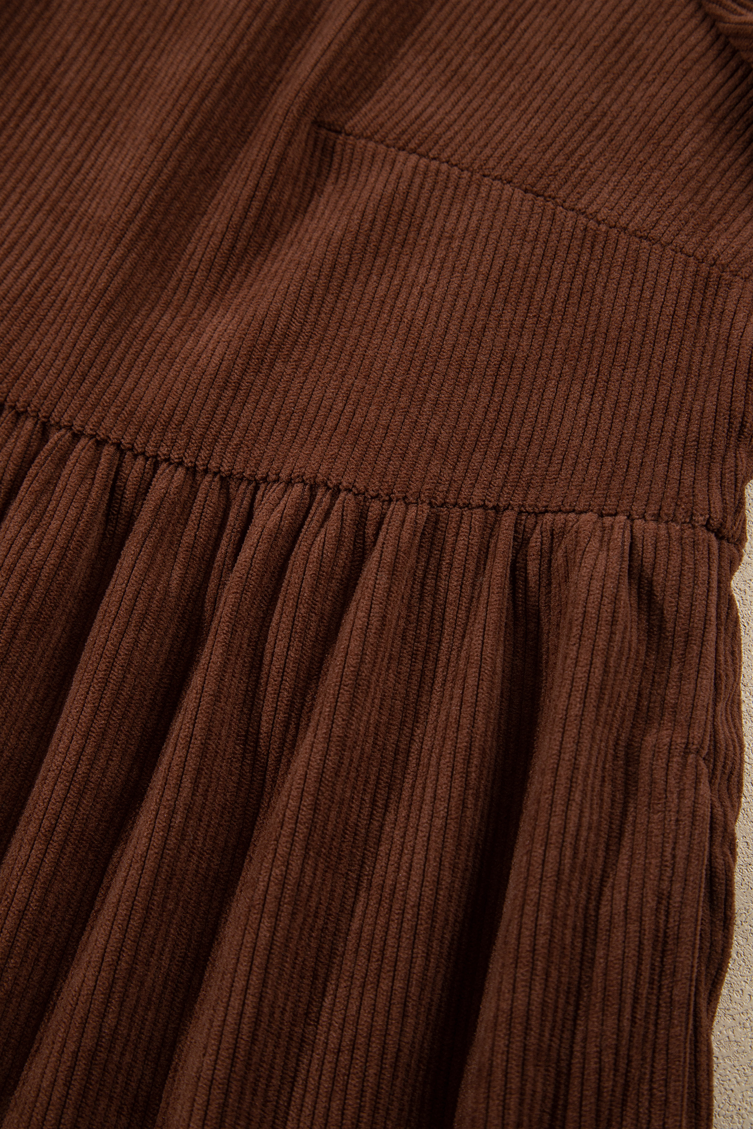 Tiered Corduroy Mini Dress, Casual Brown Long Sleeve Fall - Detail View 8