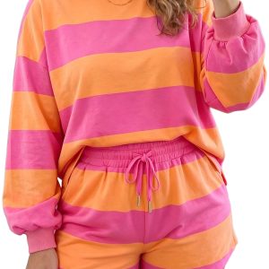 Striped Long Sleeve Shorts Set, Women's Daily Casual - Main View