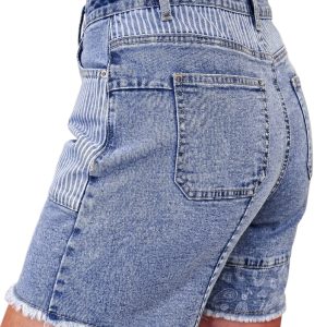 Women's Mixed Patchwork Denim Shorts, High Waist Boho Style - Main View
