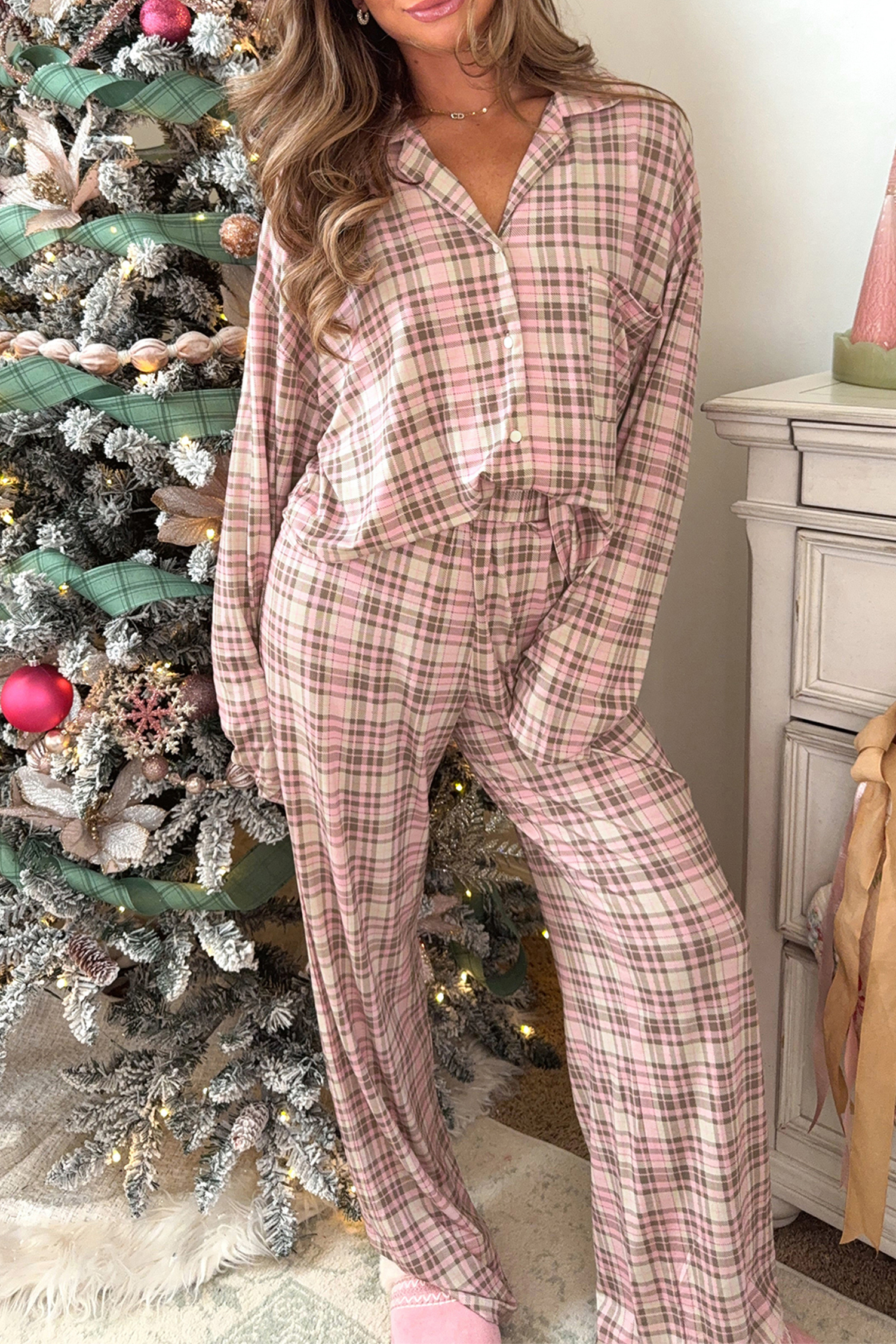 Women's Pink Plaid Lounge Set, Cozy Christmas PJs - Detail View 2