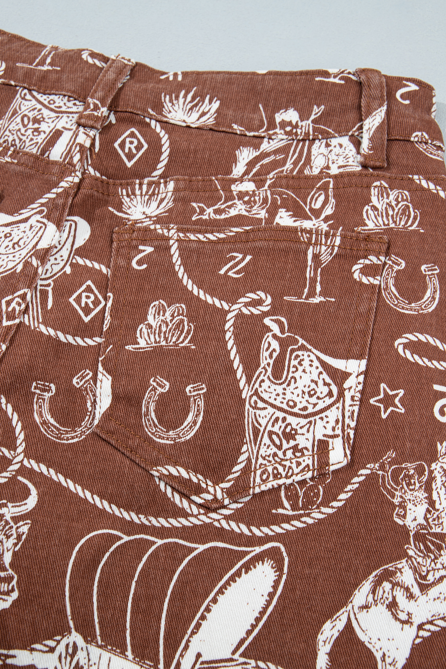 Women's Western Print Jeans, High Waisted Brown Denim Pants - Detail View 13