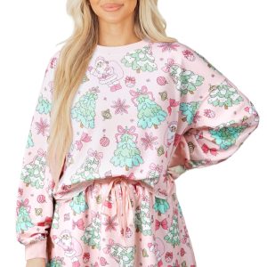 Women's Christmas Skirt Set, Cozy Pink Long Sleeve Lounge - Main View