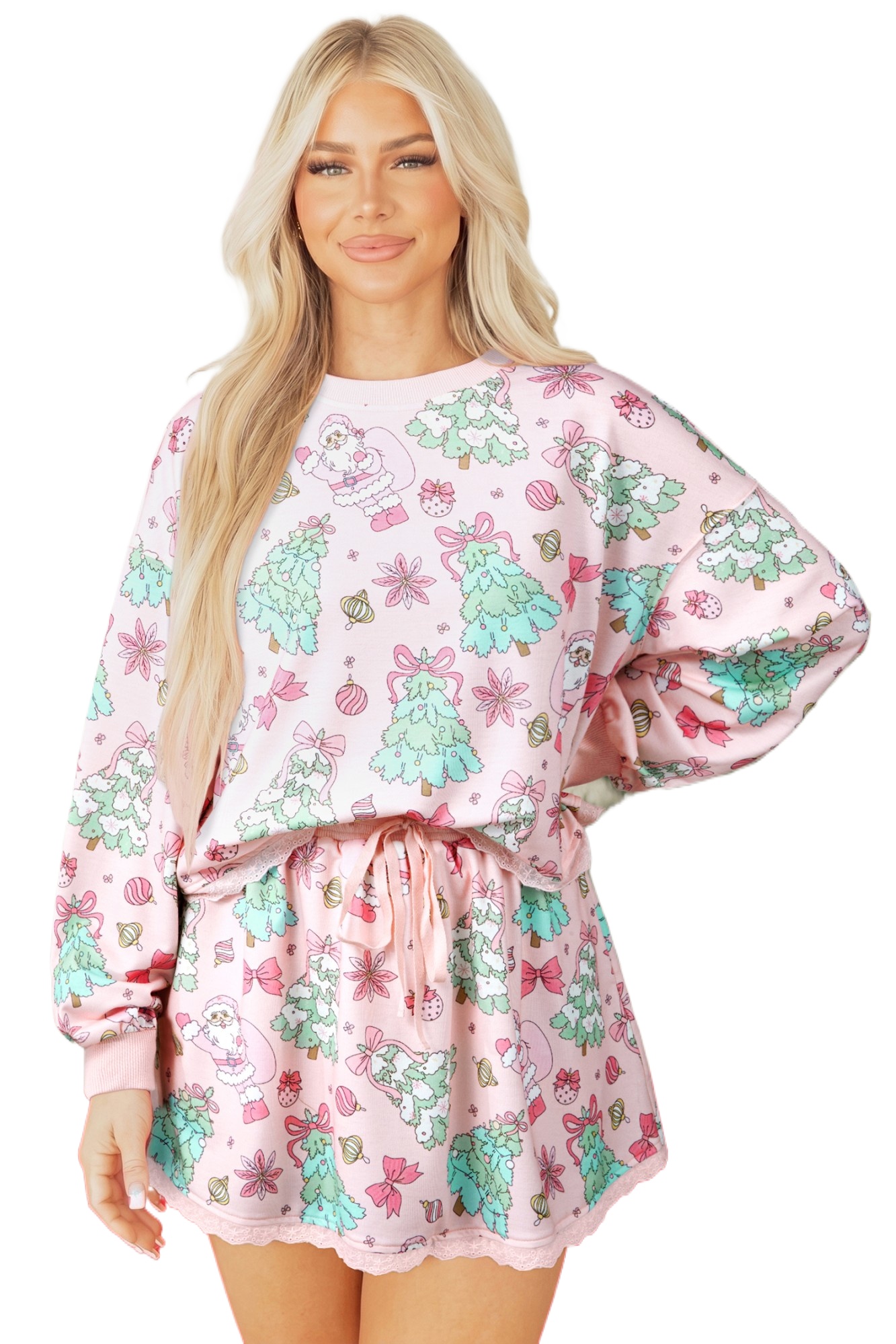 Women's Christmas Skirt Set, Cozy Pink Long Sleeve Lounge - Main View