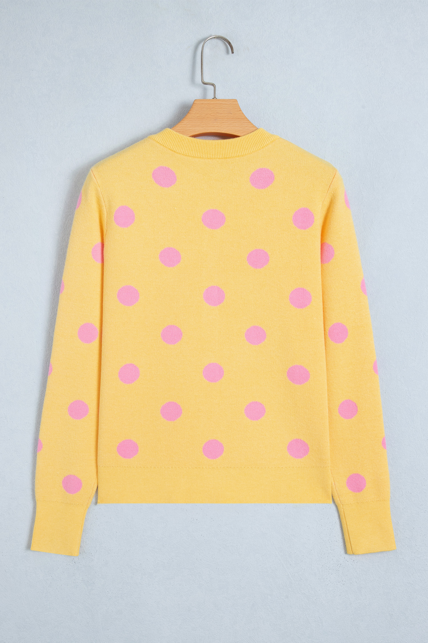 Yellow Cream Knit Cardigan, Long Sleeve Polka Dot Fall Top - Detail View 5