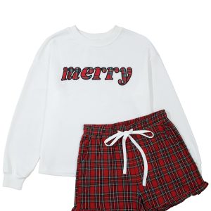 Women's Merry Plaid Lounge Set, Casual Christmas Sweatshirt - Main View