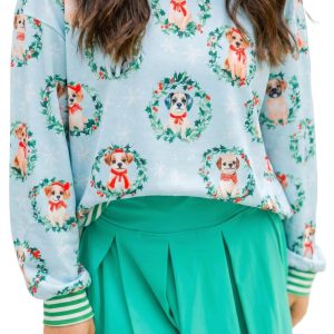 Women's Dog Print Sweatshirt, Casual Sky Blue Long Sleeve - Main View
