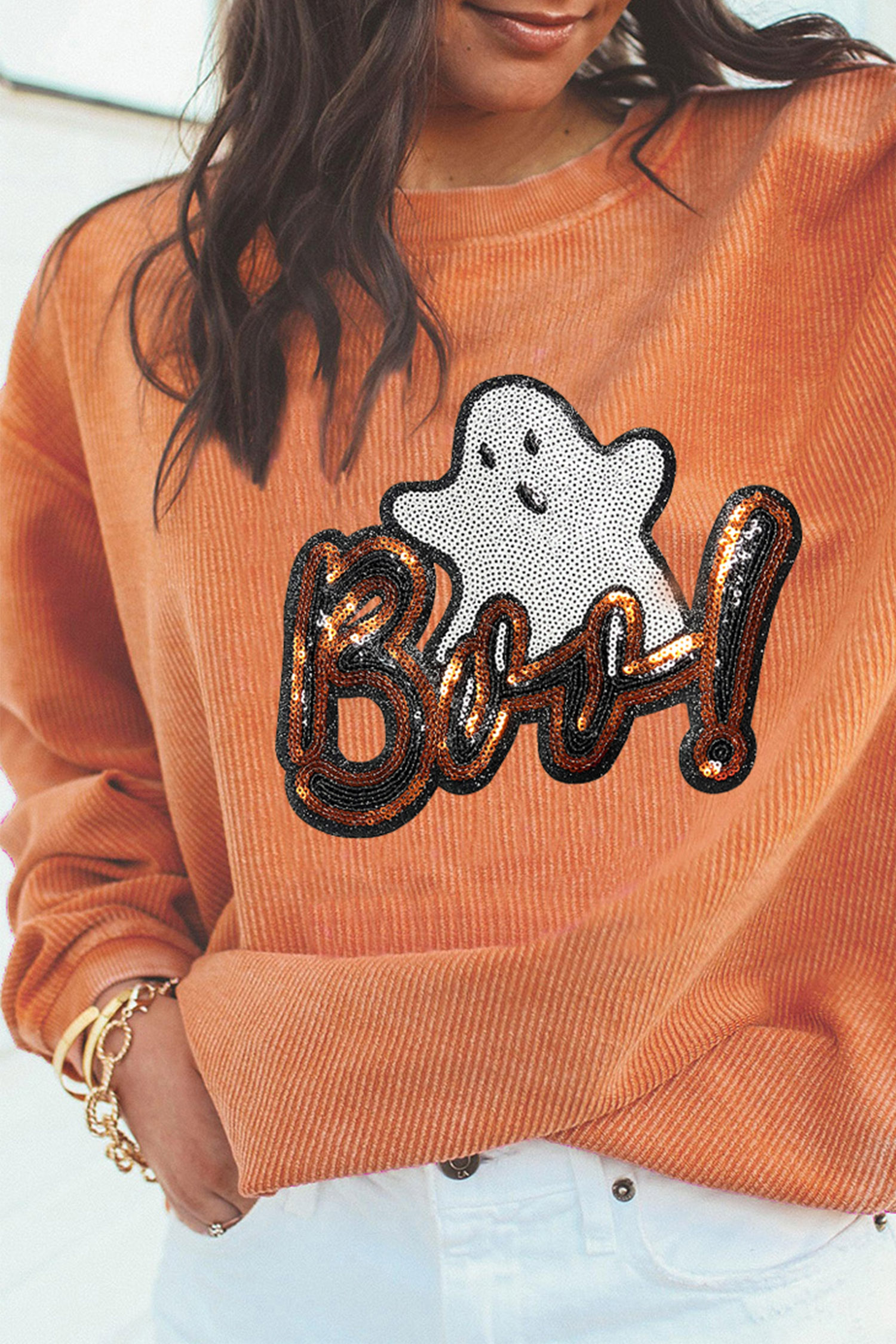 Casual Long Sleeve Halloween Sweatshirt, Orange Festive Top - Detail View 3