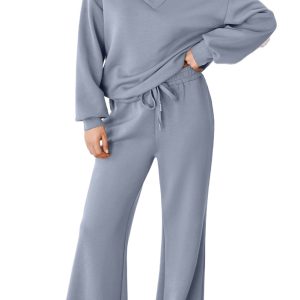 Women's Cowl Neck Pullover Set, Wide Leg Casual Lounge Wear - Main View