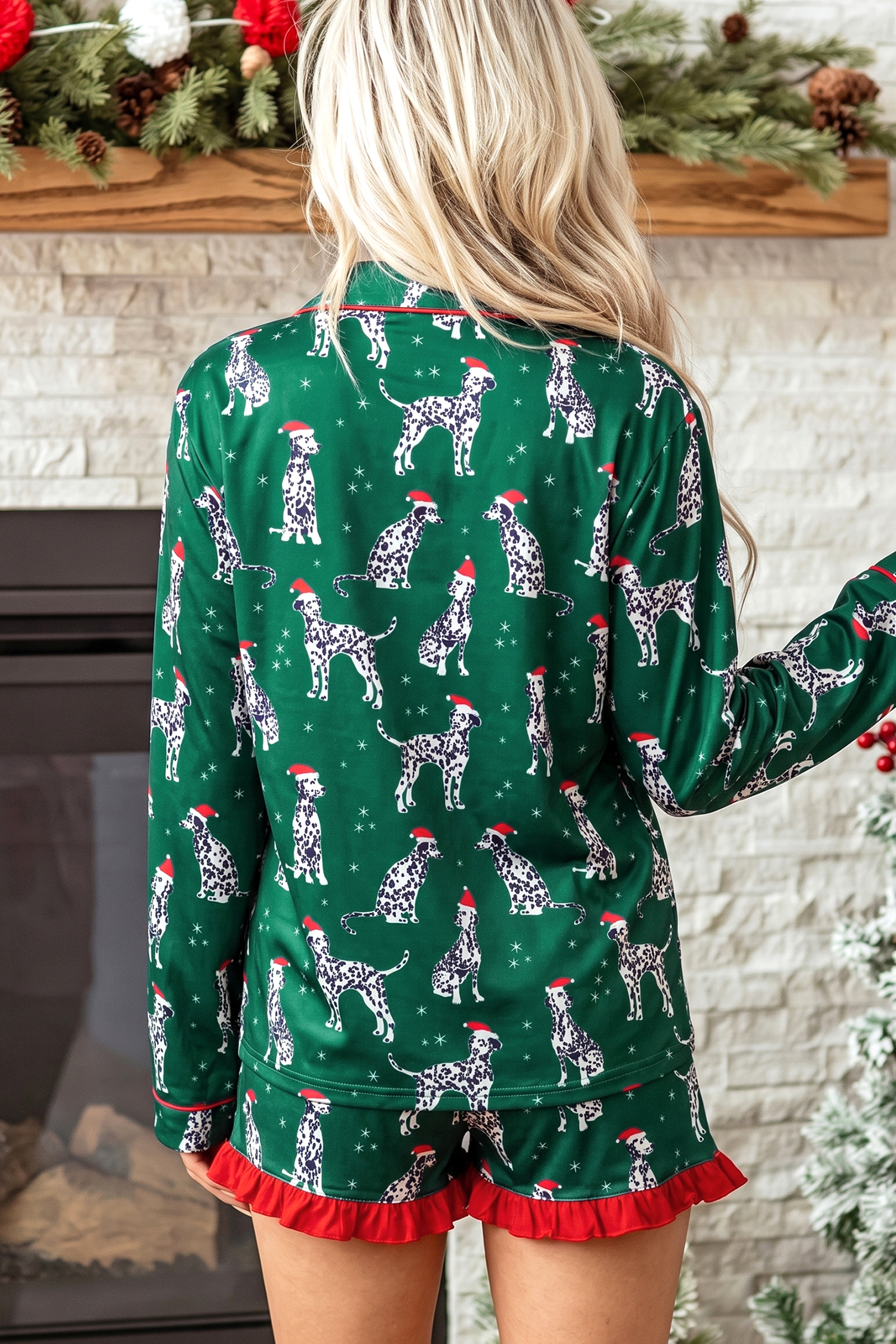Holiday Dog Print PJ Set, Women's Long Sleeve Loungewear - Detail View 2