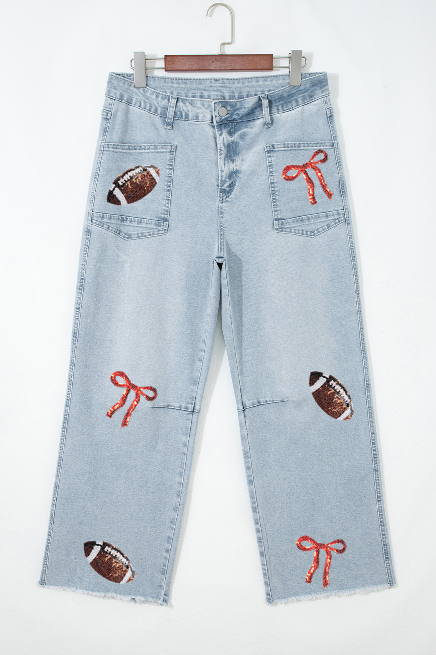 Stretch Denim Sequin Bow Jeans, Women's Casual Raw Hem - Detail View 6