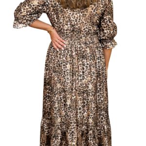 Women's Leopard Print Dress, Casual V Neck Midi Length - Main View
