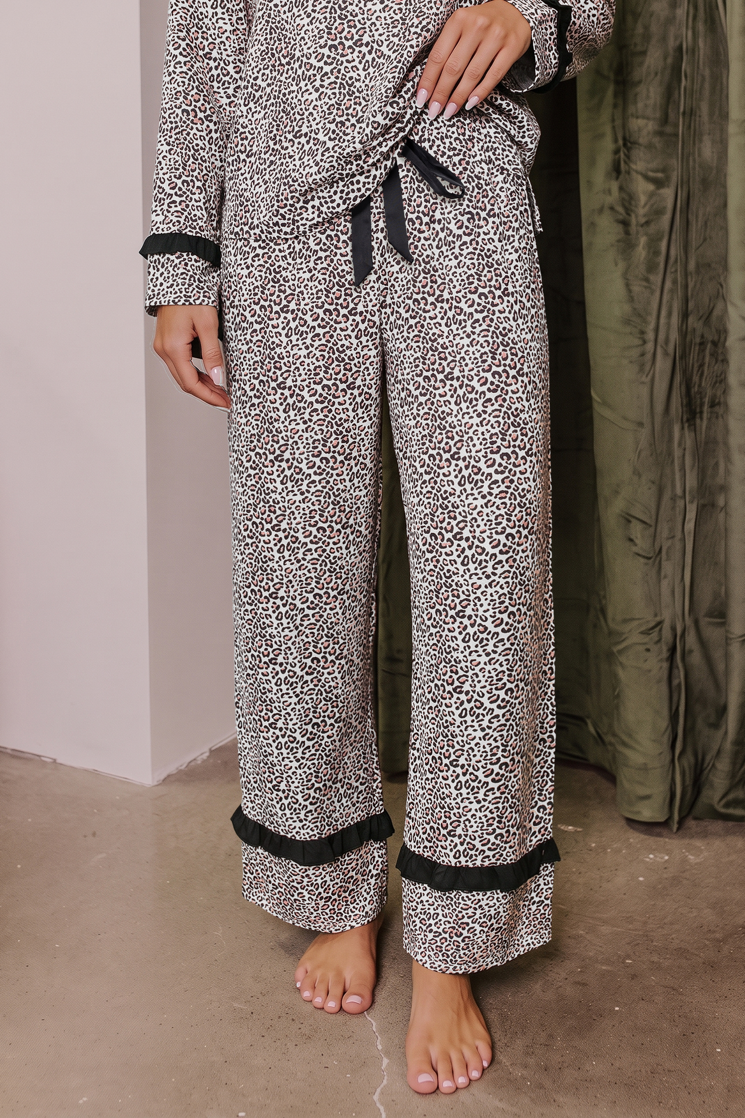 Soft Viscose Pajama Set, Leopard Print Loungewear For Women - Detail View 3