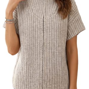 Women's Short Sleeve Knit Sweater, Casual Zip High Neck - Main View