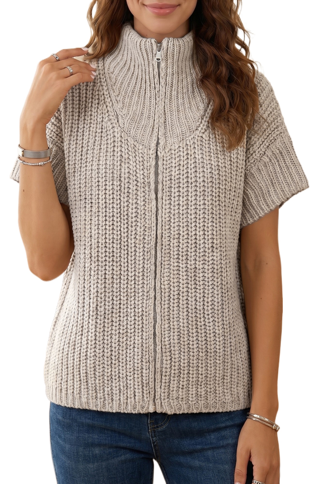 Women's Short Sleeve Knit Sweater, Casual Zip High Neck - Main View