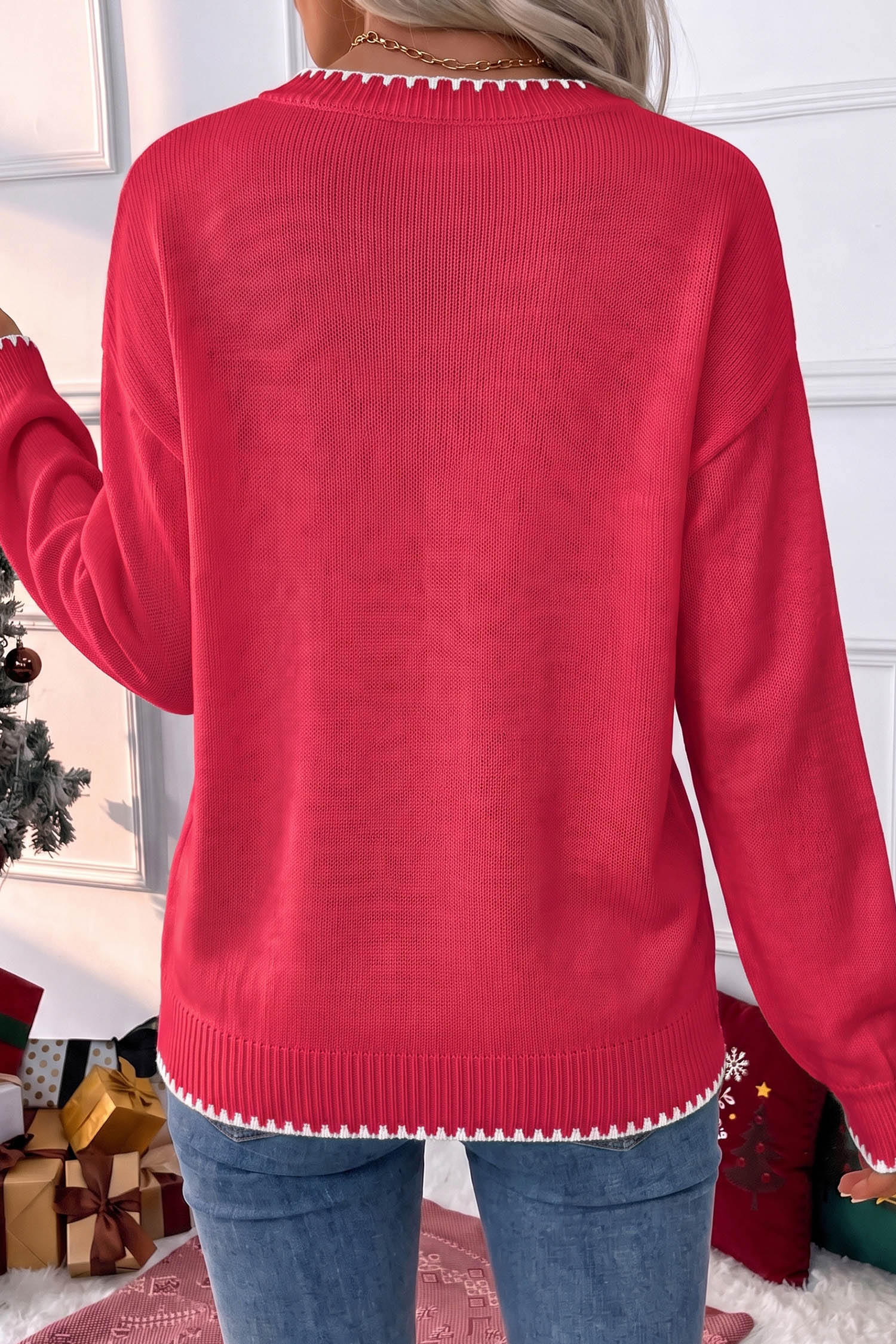 Racing Red Christmas Sweater, Gingham Tree Stitched Detail - Detail View 2