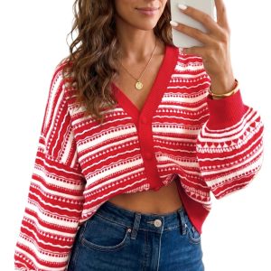Women's V Neck Knit Cardigan, Casual Red Striped Sweater - Main View