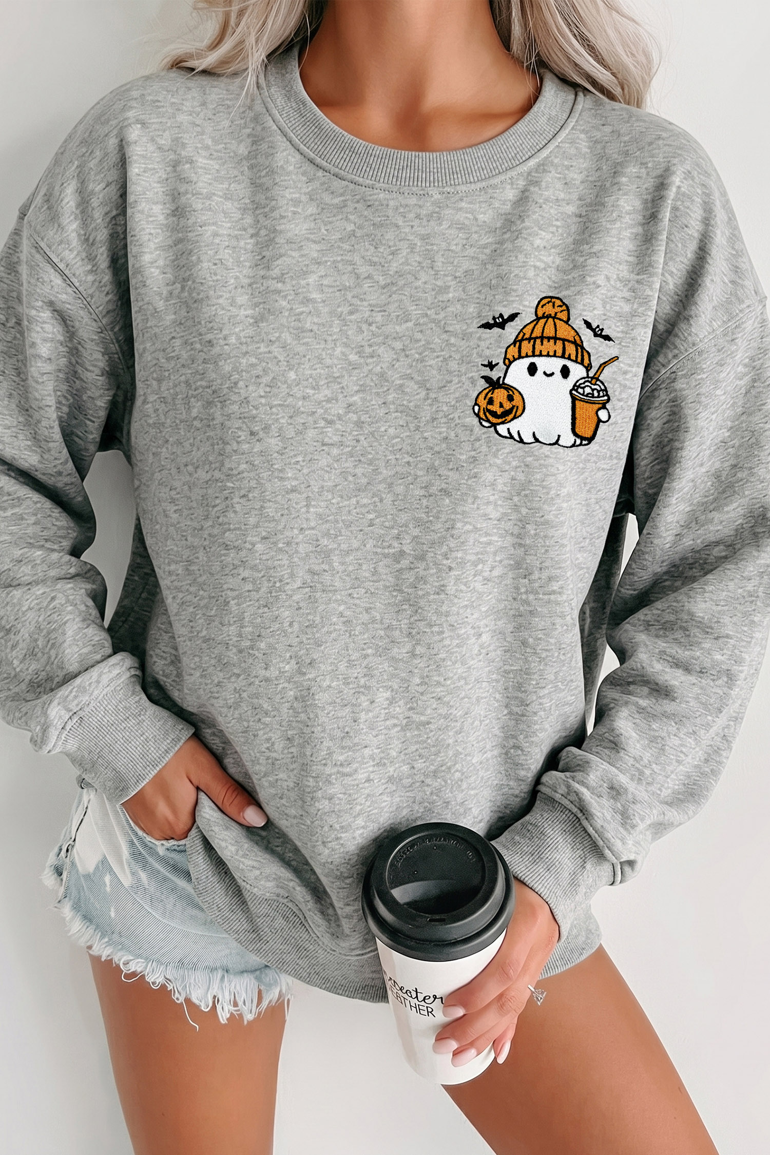 Light Grey Halloween Pullover, Embroidered Casual Sweatshirt - Detail View 6