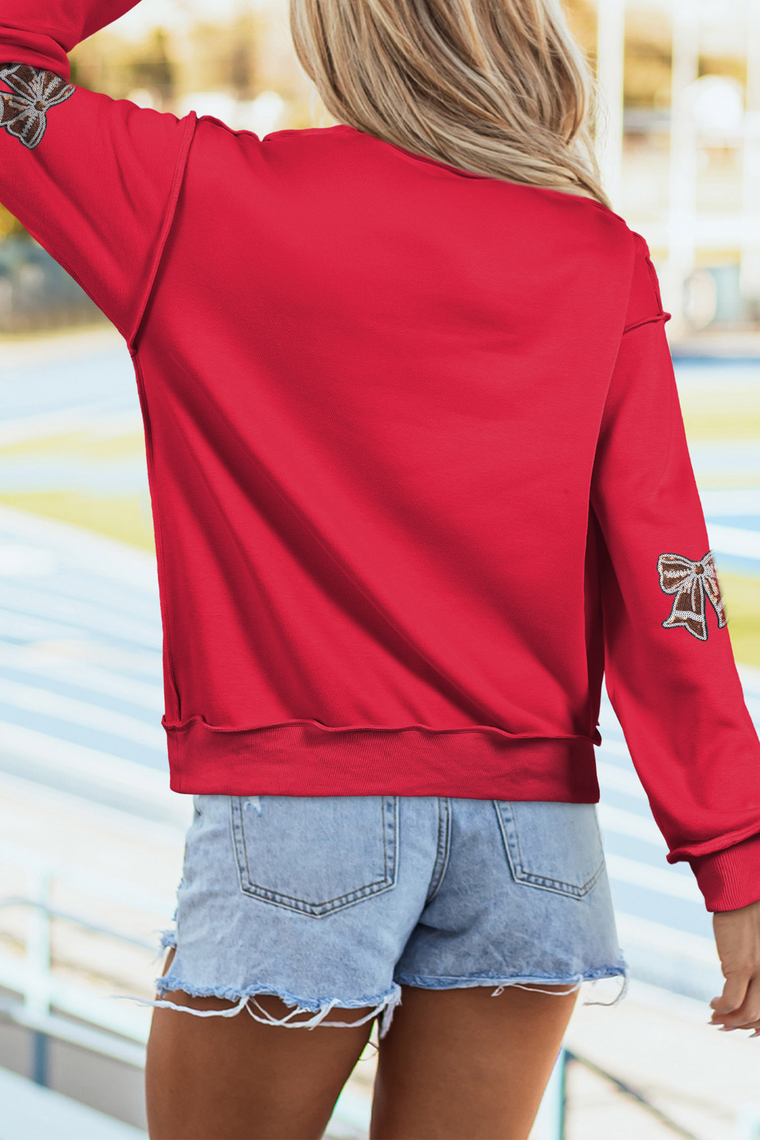 Game Day Women's Sweatshirt, Sequin Bow Mock Neck Autumn Top - Detail View 5