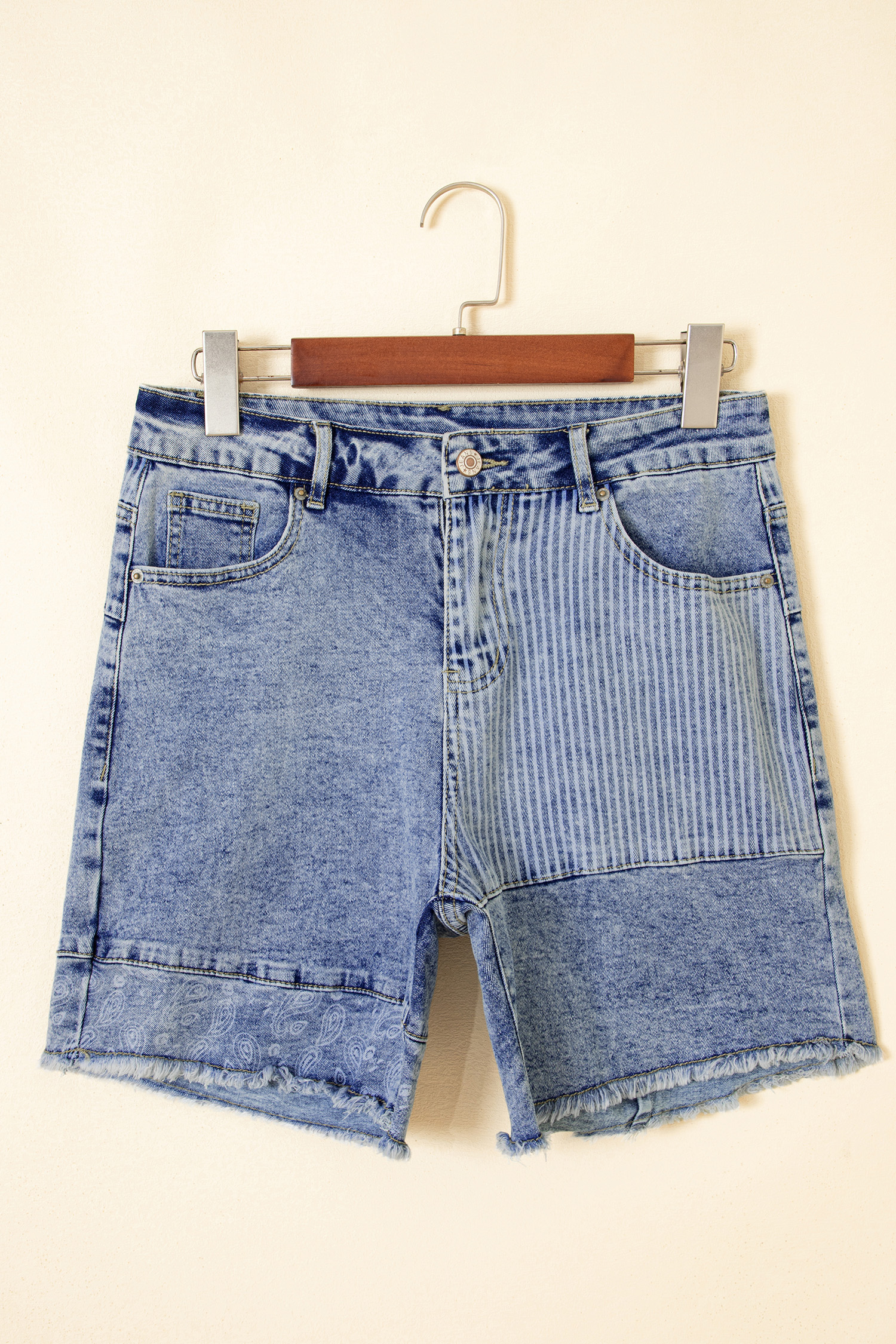 Sky Blue Paisley Striped Denim Shorts, Raw Hem Casual Summer - Detail View 5