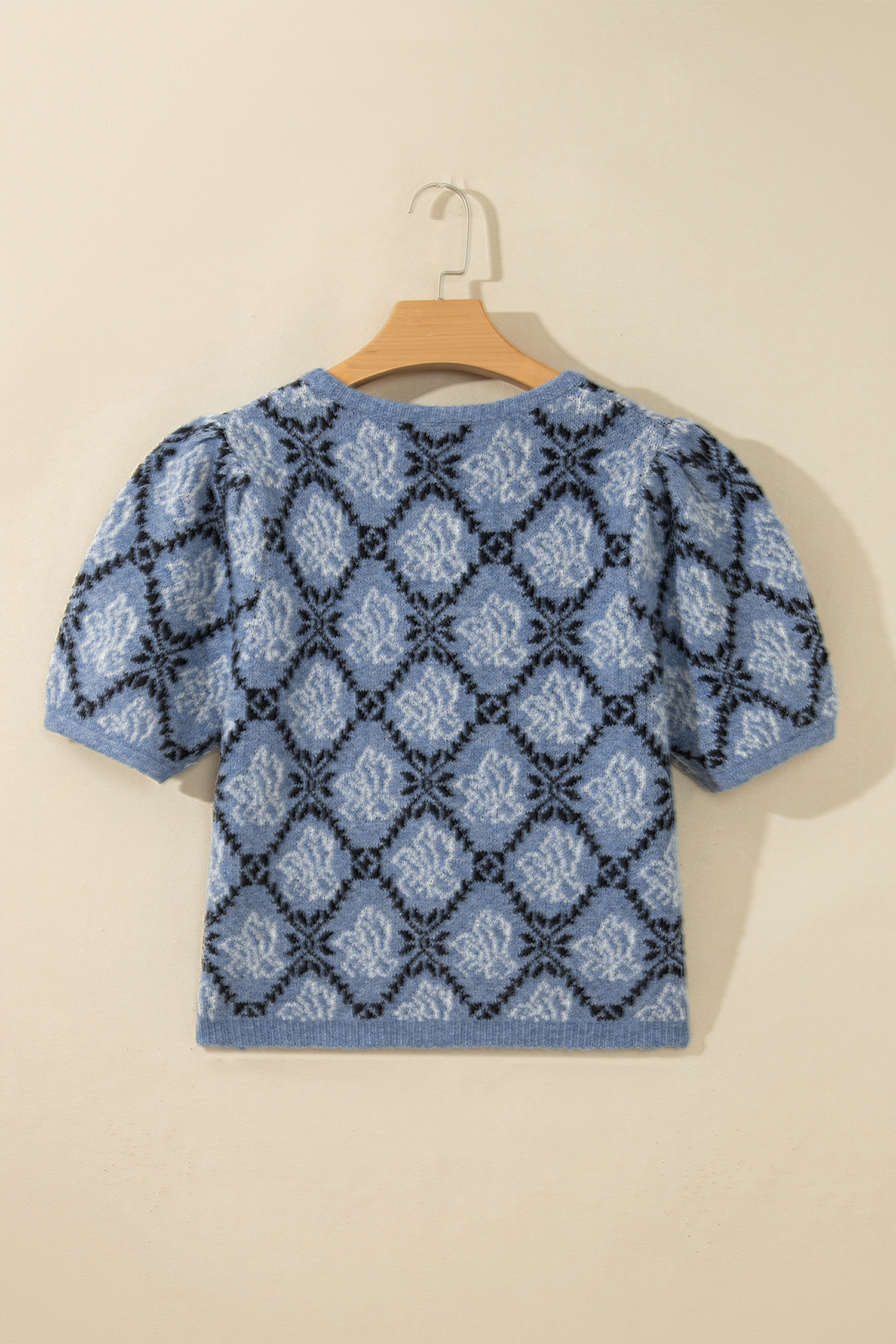 Short Sleeve Knit Cardigan, Dark Blue Boho Button Up Top - Detail View 5