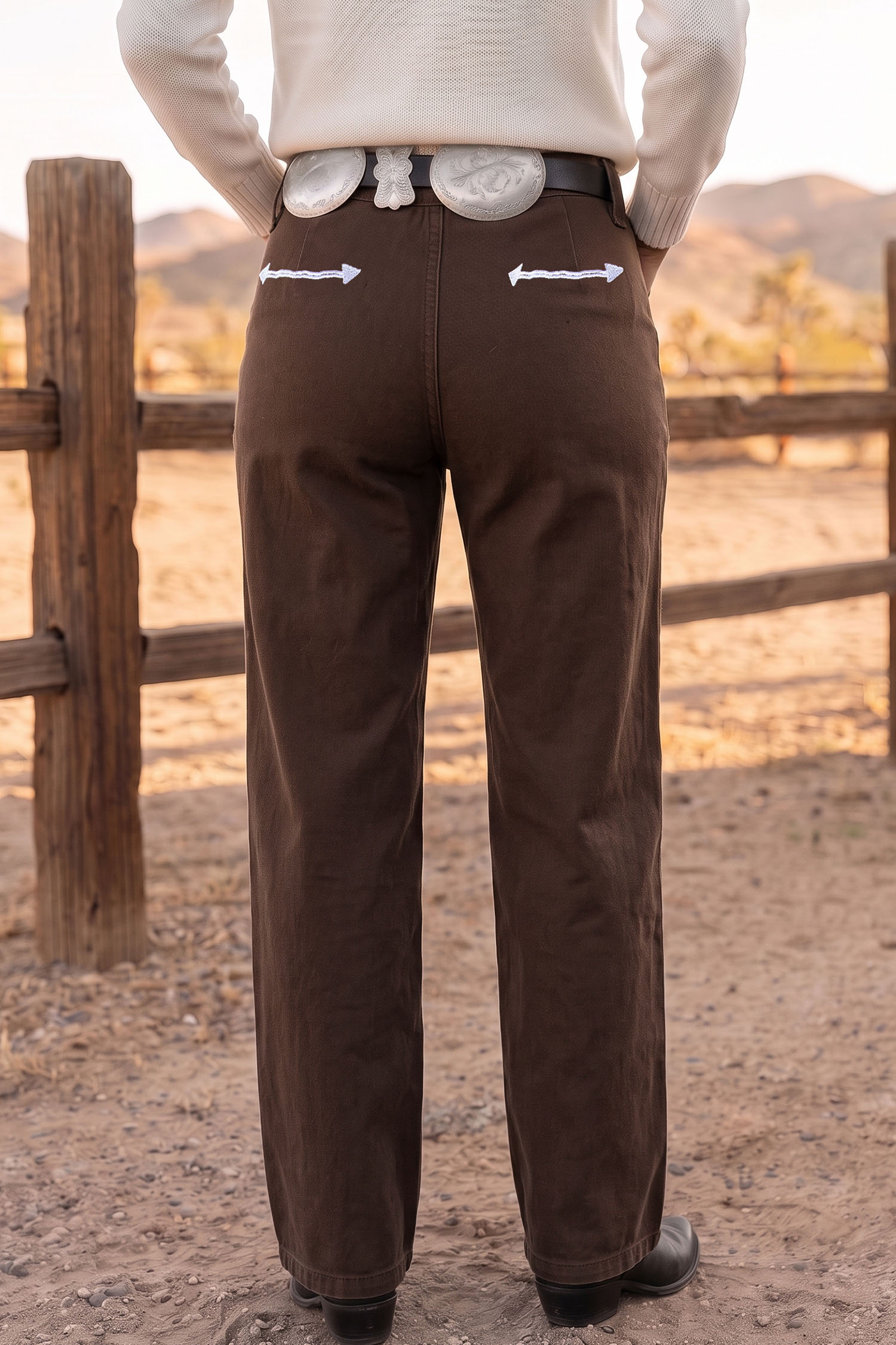Women's Western Denim Pants, Coffee Brown Straight Leg Jeans - Detail View 5