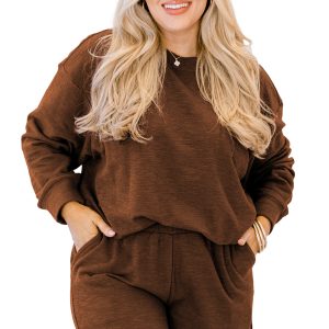 Women's Chestnut Lounge Set, Drop Shoulder Long Sleeve Top - Main View