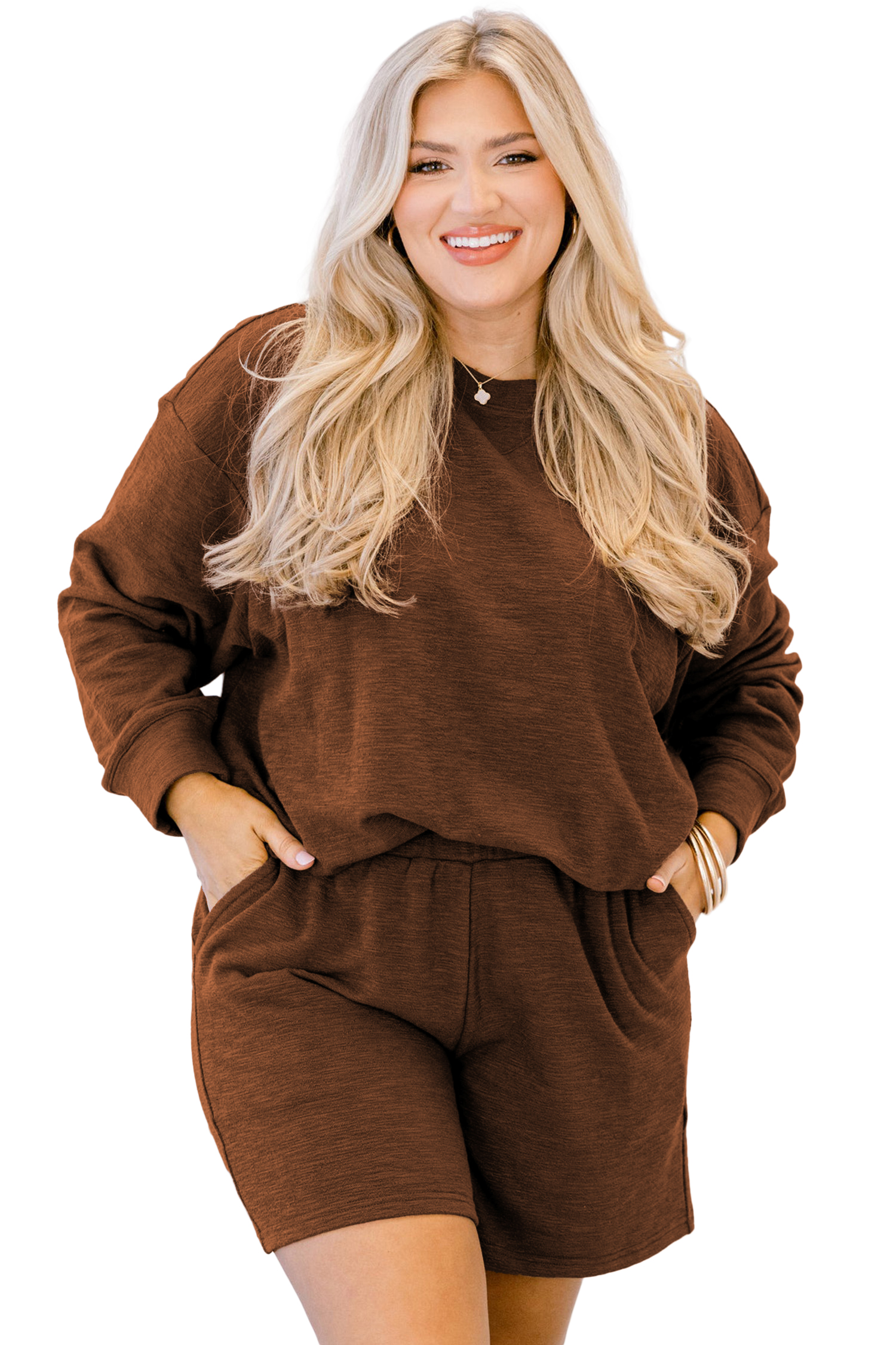 Women's Chestnut Lounge Set, Drop Shoulder Long Sleeve Top - Main View