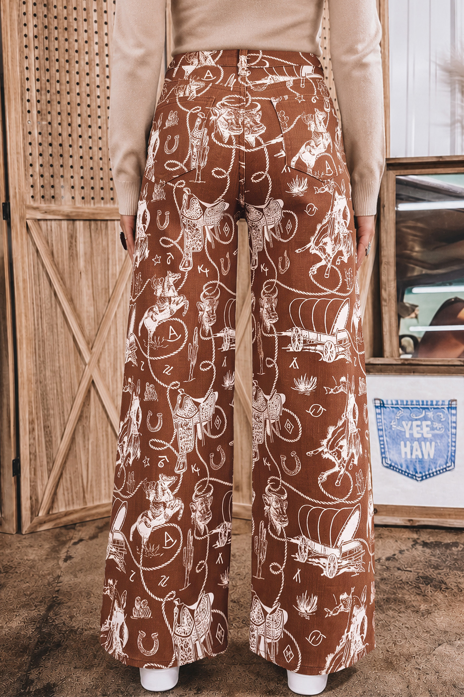 Wide Leg Western Jeans, Vintage Style Brown Printed Denim - Detail View 2