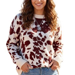 Women's Brown Cow Print Sweater, Western Long Sleeve Pullover - Main View